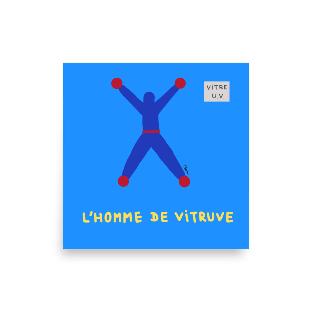 Affiche carrée bleue Motdules représentant une silhouette bleue avec des ventouses rouges aux mains et aux pieds, titre L'Homme de Vitruve écrit en jaune.