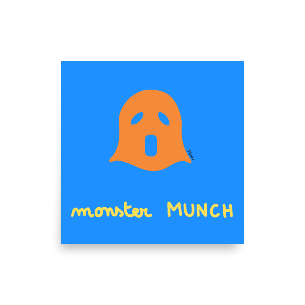 Achetez le poster "Monster Munch" 25x25cm (10x10") variante bleu et orange. Illustration humoristique d'un fantôme façon Munch. Papier mat japonais haute qualité.