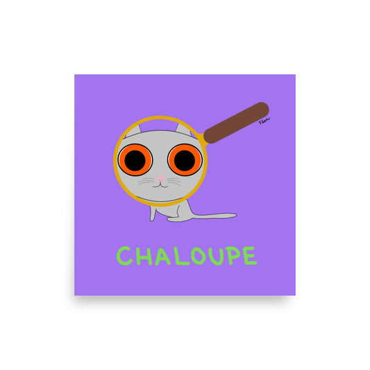 Affiche carrée violette Motdules avec une caricature graphique d'un chat gris regardant à travers une loupe grossissante, titre Chaloupe écrit en vert.
