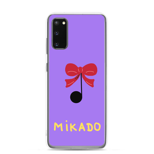 Coque de téléphone violette avec une illustration centrale d'une note de musique noire portant un nœud rouge, accompagnée de l'inscription "MIKADO" en lettres jaunes.