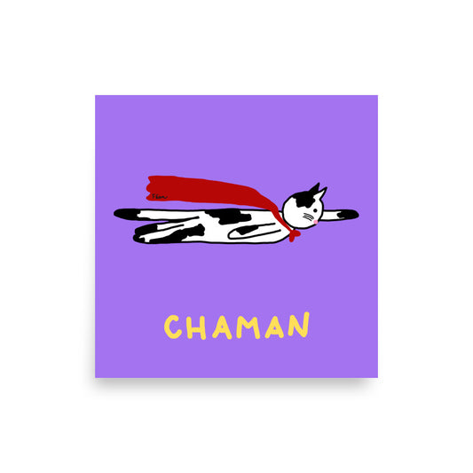 Affiche carrée violette Motdules représentant un chat noir et blanc volant comme un super-héros avec une cape rouge, texte Chaman jaune.