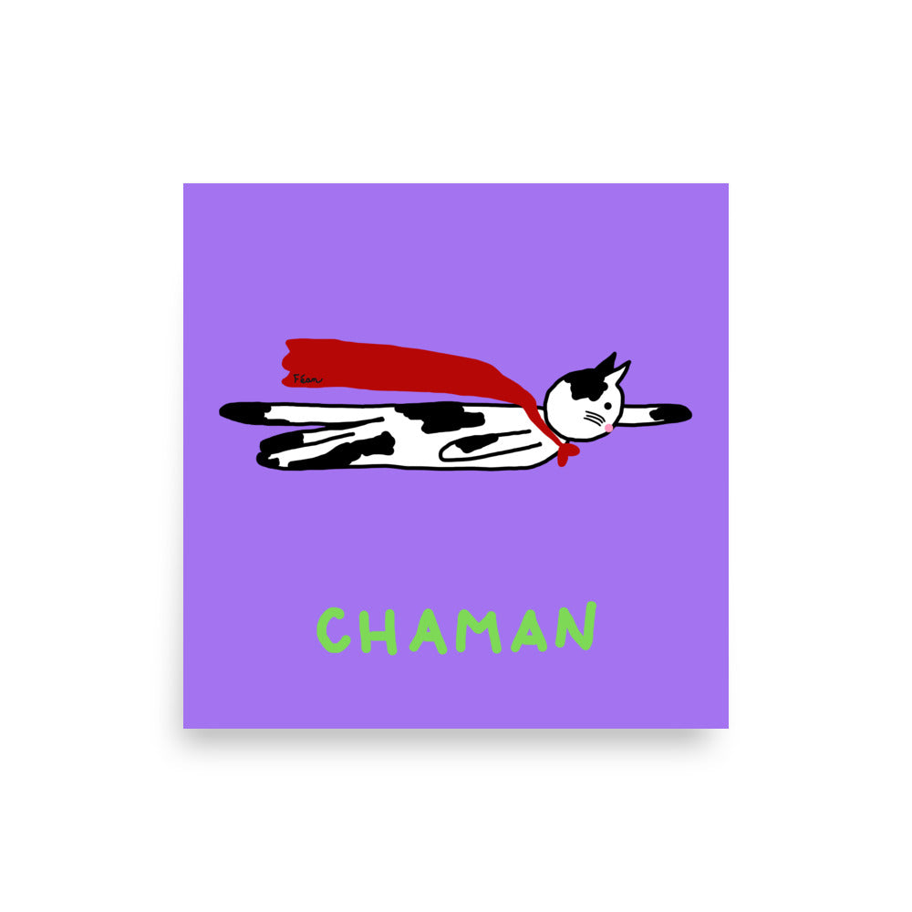 Affiche carrée violette Motdules représentant un chat noir et blanc volant comme un super-héros avec une cape rouge, texte Chaman vert.