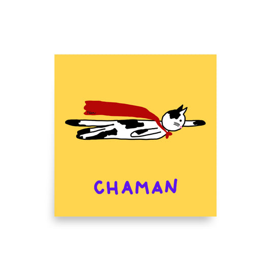 Affiche carrée jaune Motdules représentant un chat noir et blanc volant comme un super-héros avec une cape rouge, texte Chaman violet.