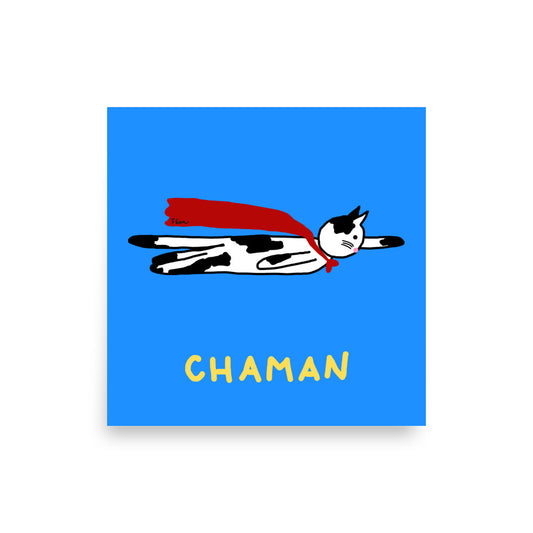 Affiche carrée bleue Motdules représentant un chat noir et blanc volant comme un super-héros avec une cape rouge, texte Chaman.