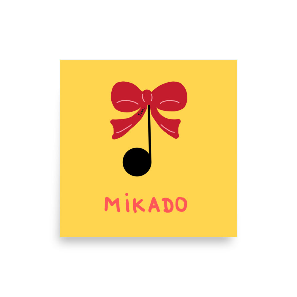Affiche carrée jaune Motdules représentant une note de musique noire avec un grand nœud papillon rouge, texte Mikado rouge.
