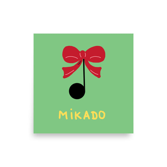 Affiche carrée verte Motdules représentant une note de musique noire avec un grand nœud papillon rouge, texte Mikado jaune.