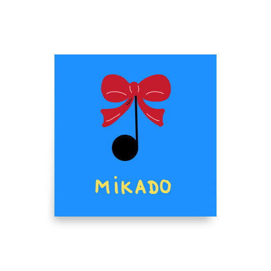 Affiche carrée bleue Motdules représentant une note de musique noire avec un grand nœud papillon rouge, texte Mikado jaune.