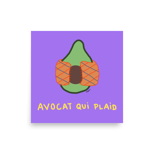 Illustration d'un avocat (fruit) enveloppé dans un plaid à carreaux orange et bleu sur fond violet, avec le texte Avocat qui plaid en jaune.