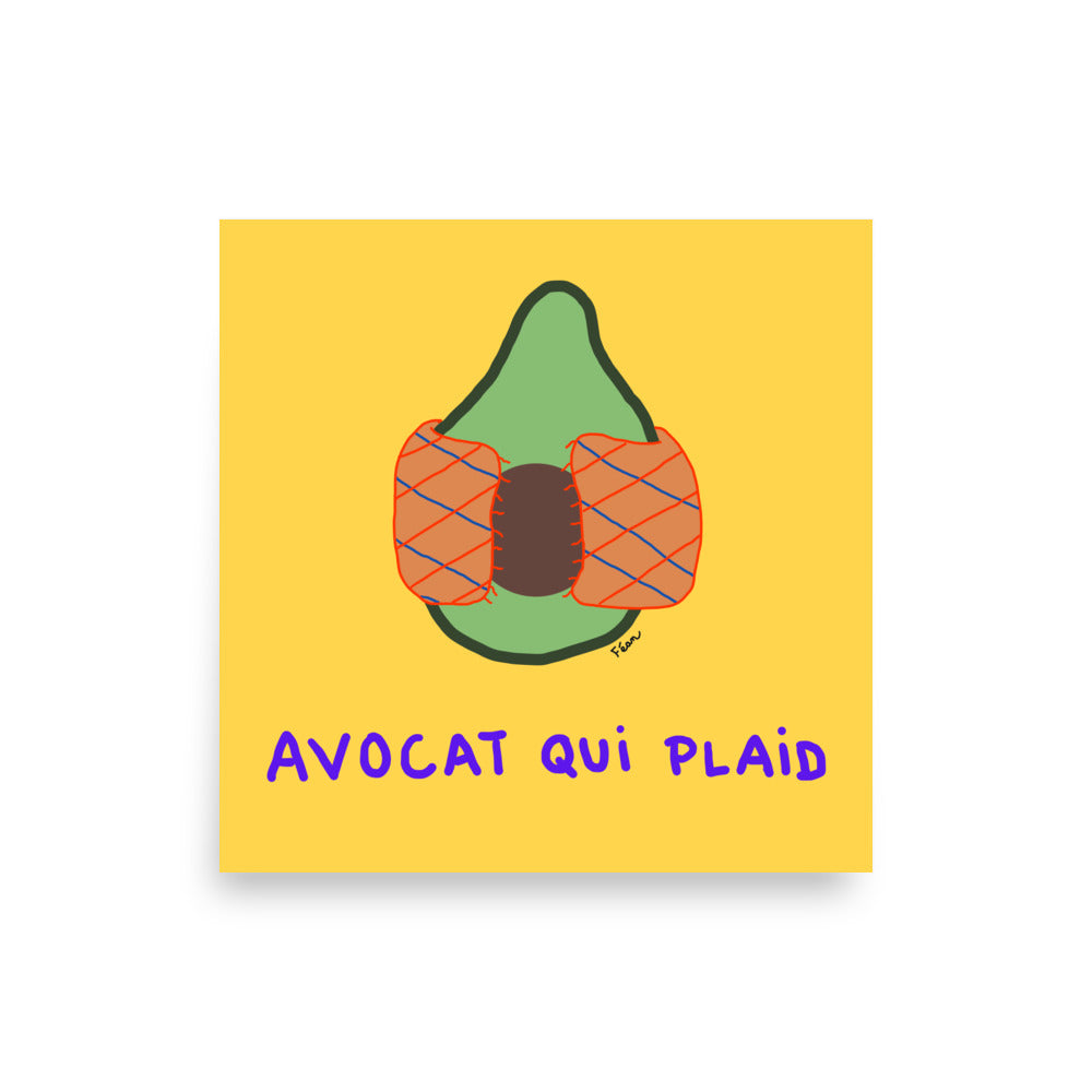 Illustration d'un avocat (fruit) enveloppé dans un plaid à carreaux orange et bleu sur fond jaune, avec le texte Avocat qui plaid en violet.