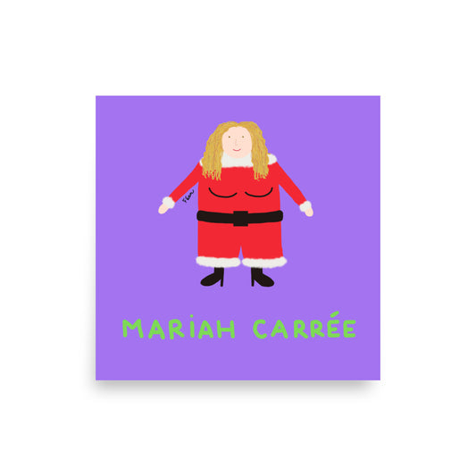 Affiche carrée violette Motdules avec une caricature de Mariah Carey avec une morphologie carrée en Mère Noël, costume rouge et talons, texte Mariah Carrée vert.