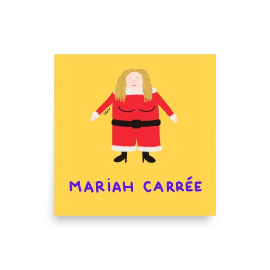 Affiche carrée jaune Motdules avec une caricature de Mariah Carey avec une morphologie carrée en Mère Noël, costume rouge et talons, texte Mariah Carrée violet.
