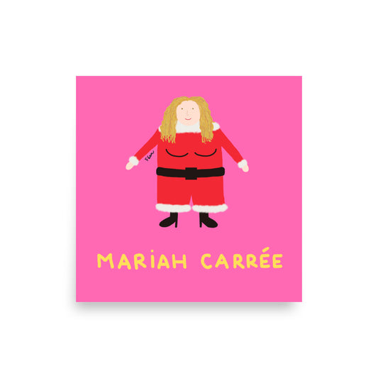 Affiche rose avec titre jaune d'une caricature de Mariah Carey en mère Noël avec une morphologie carrée.