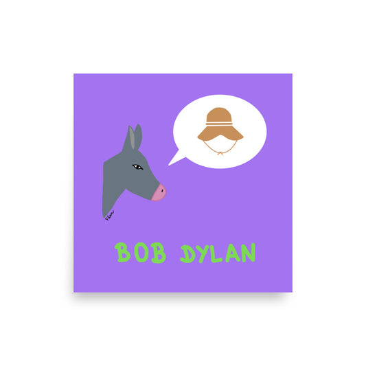 Affiche carrée violette Motdules avec une tête d'âne gris de profil et une bulle de dialogue contenant un chapeau bob marron, texte Bob Dylan vert.