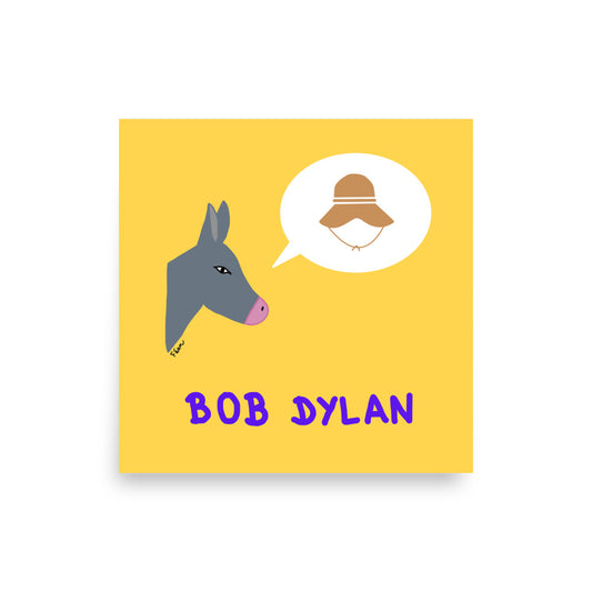 Affiche carrée jaune Motdules avec une tête d'âne gris de profil et une bulle contenant un chapeau bob marron, texte Bob Dylan violet.