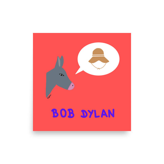 Affiche carrée rouge Motdules avec une tête d'âne gris de profil et une bulle de pensée contenant un chapeau bob marron, texte Bob Dylan violet.