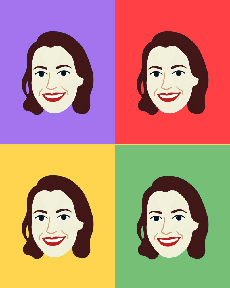 Mosaïque de portraits de Féan, artiste et créatrice des motdules avec un effet pop art . Portrait illustré d'une jeune femme aux cheveux châtains, mi-longs, sur fond violet en haut à gauche, sur fond rouge en haut à droite, sur fond jaune en bas à gauche et sur fond vert en bas à droite