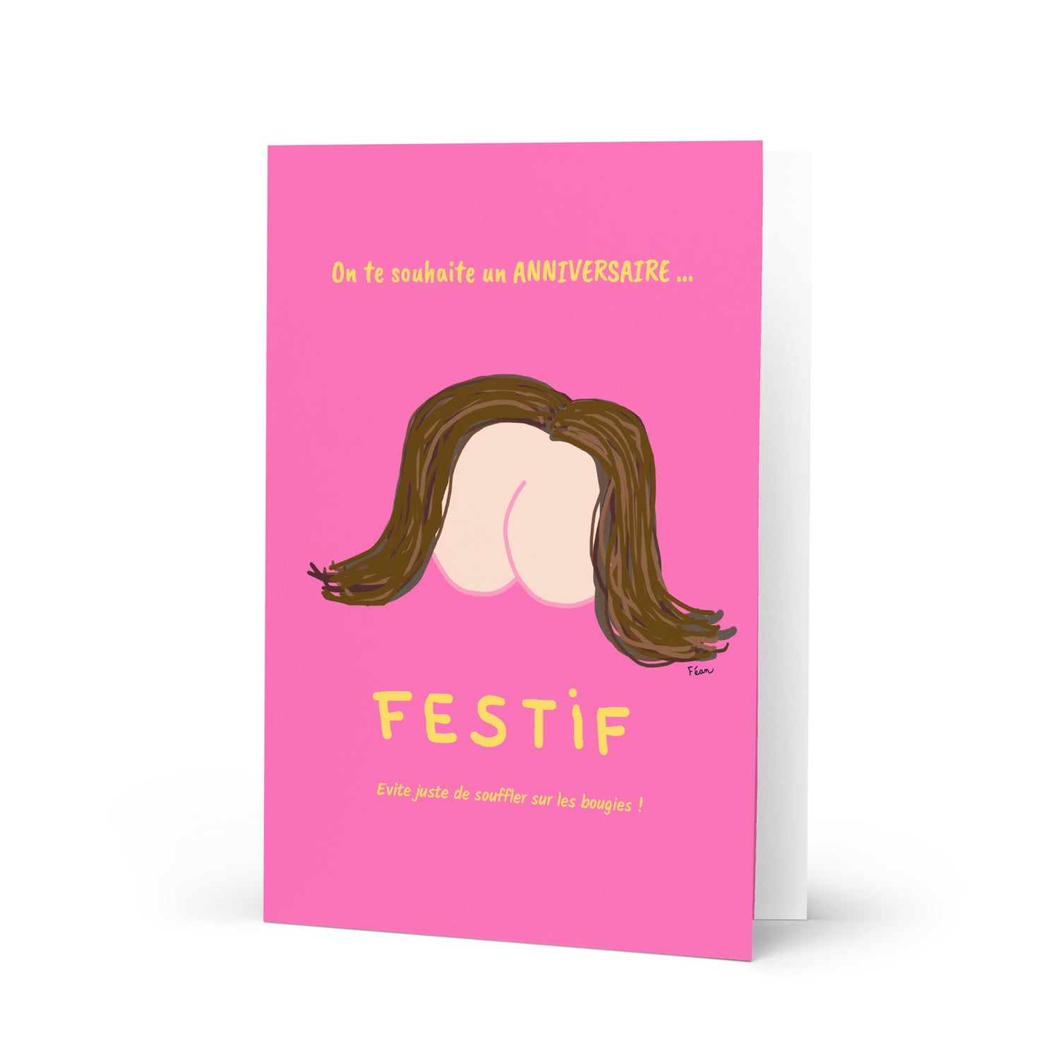 Grande carte de vœux A5 Motdules rose vif affichant une paire de fesses avec des cheveux (Festif), texte jaune, sur papier cartonné épais.