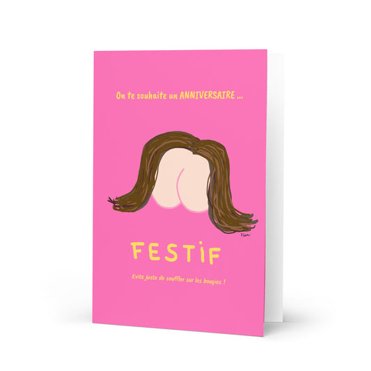 Grande carte de vœux A5 Motdules rose vif affichant une paire de fesses avec des cheveux (Festif), texte jaune, sur papier cartonné épais.