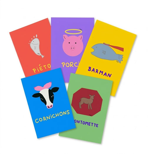 Assortiment de 5 cartes postales illustrées Motdules avec des animaux humoristiques : une vache cornichons, un mouton carré durton et un chat gris.