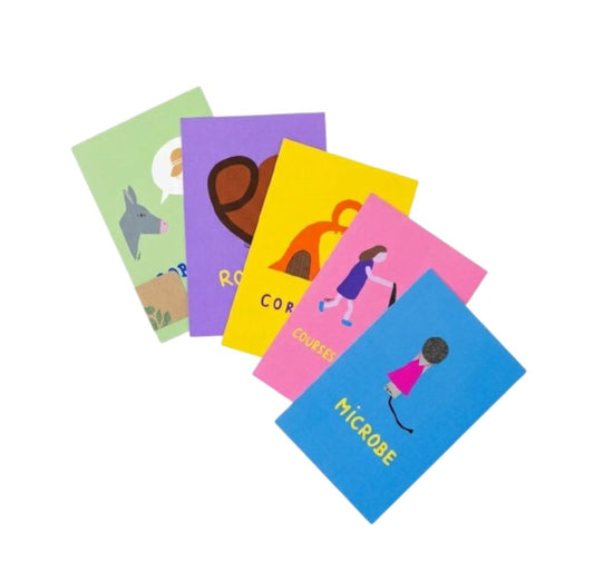 Lot de 5 cartes postales colorées Motdules sur le thème de la musique, format rectangulaire, papier mat haute qualité.