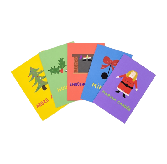 Assortiment de 5 cartes postales de Noël Motdules aux couleurs pop et illustrations humoristiques sur le thème des fêtes.