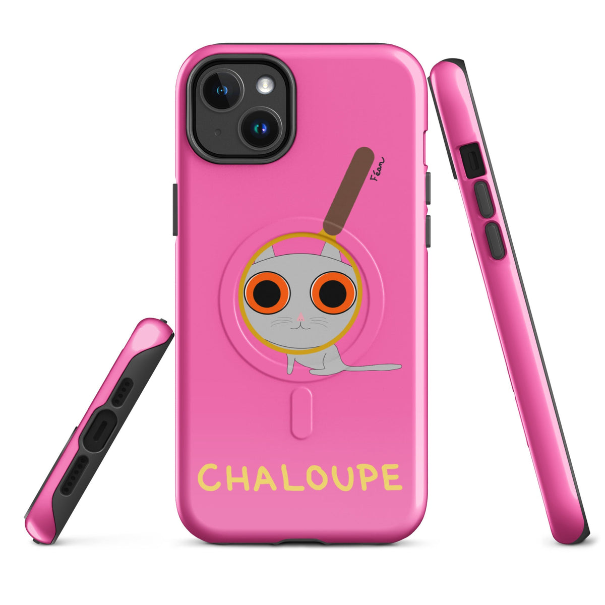 Tu mènes des enquêtes passionnantes sur ton iPhone ? Tu sais avec qui KK a passé ses dernières vacances et comment ouvrir une bouteille de vin sans tire-bouchon ?

Alors cette coque d'iPhone Chaloupe est faite pour toi, détective en herbe (à chat). Quelle que soit ta couleur pref, on a celle qu'il te faut.

En plus, le système d'aimants MagSafe® intégrés permettent une fixation sûre et une charge sans fil plus rapide. La coque est robuste et à double couche.