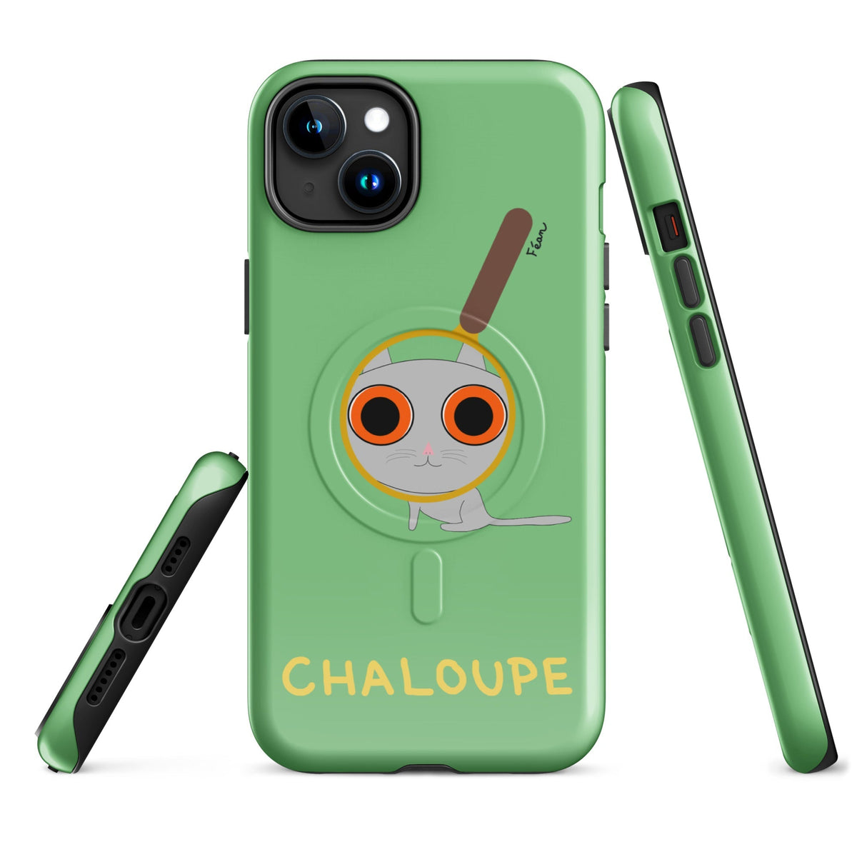 Tu mènes des enquêtes passionnantes sur ton iPhone ? Tu sais avec qui KK a passé ses dernières vacances et comment ouvrir une bouteille de vin sans tire-bouchon ?

Alors cette coque d'iPhone Chaloupe est faite pour toi, détective en herbe (à chat). Quelle que soit ta couleur pref, on a celle qu'il te faut.

En plus, le système d'aimants MagSafe® intégrés permettent une fixation sûre et une charge sans fil plus rapide. La coque est robuste et à double couche.