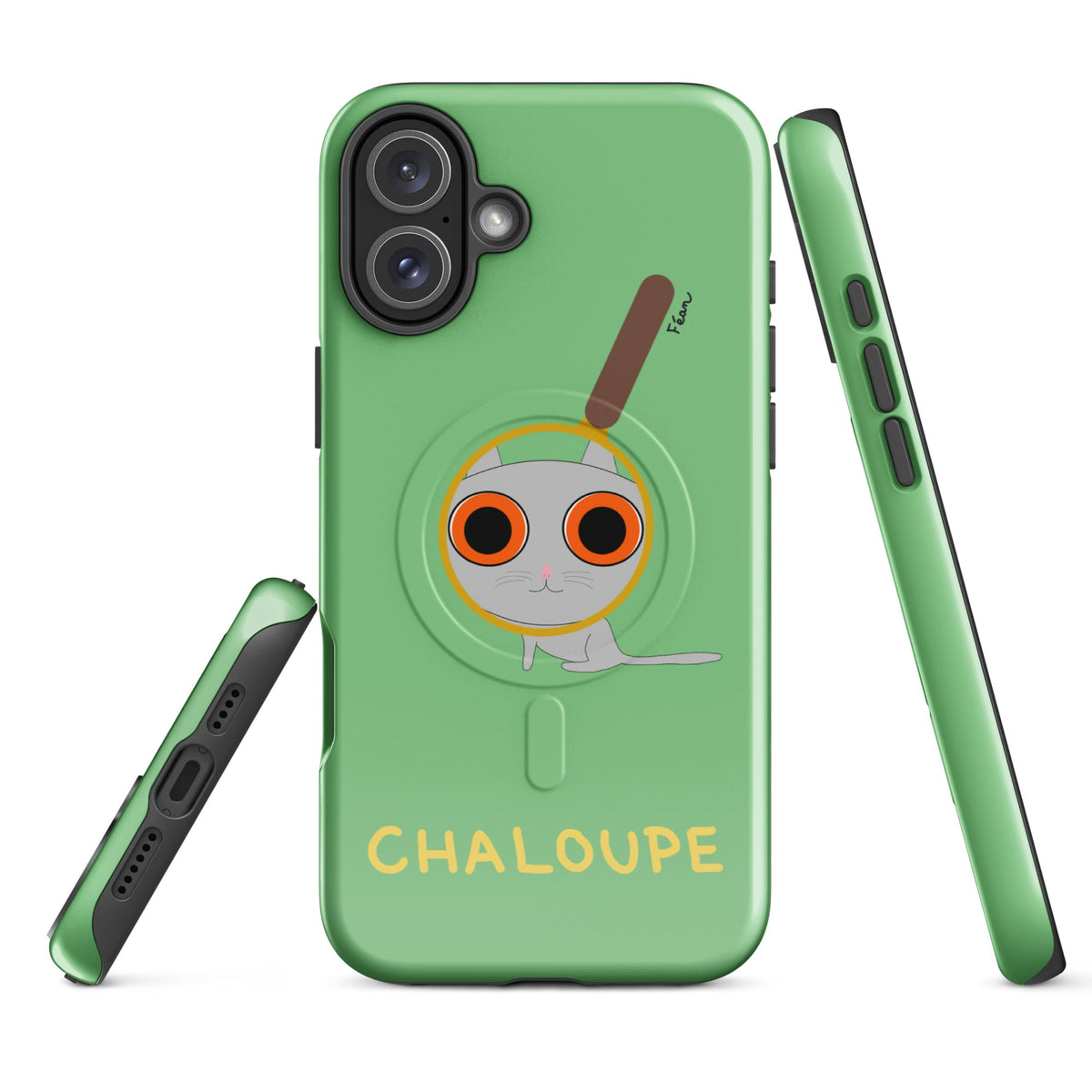 Tu mènes des enquêtes passionnantes sur ton iPhone ? Tu sais avec qui KK a passé ses dernières vacances et comment ouvrir une bouteille de vin sans tire-bouchon ?

Alors cette coque d'iPhone Chaloupe est faite pour toi, détective en herbe (à chat). Quelle que soit ta couleur pref, on a celle qu'il te faut.

En plus, le système d'aimants MagSafe® intégrés permettent une fixation sûre et une charge sans fil plus rapide. La coque est robuste et à double couche.
