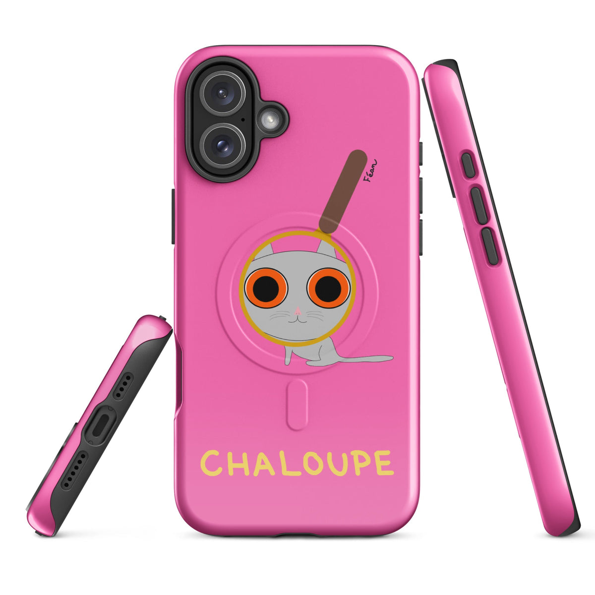 Tu mènes des enquêtes passionnantes sur ton iPhone ? Tu sais avec qui KK a passé ses dernières vacances et comment ouvrir une bouteille de vin sans tire-bouchon ?

Alors cette coque d'iPhone Chaloupe est faite pour toi, détective en herbe (à chat). Quelle que soit ta couleur pref, on a celle qu'il te faut.

En plus, le système d'aimants MagSafe® intégrés permettent une fixation sûre et une charge sans fil plus rapide. La coque est robuste et à double couche.