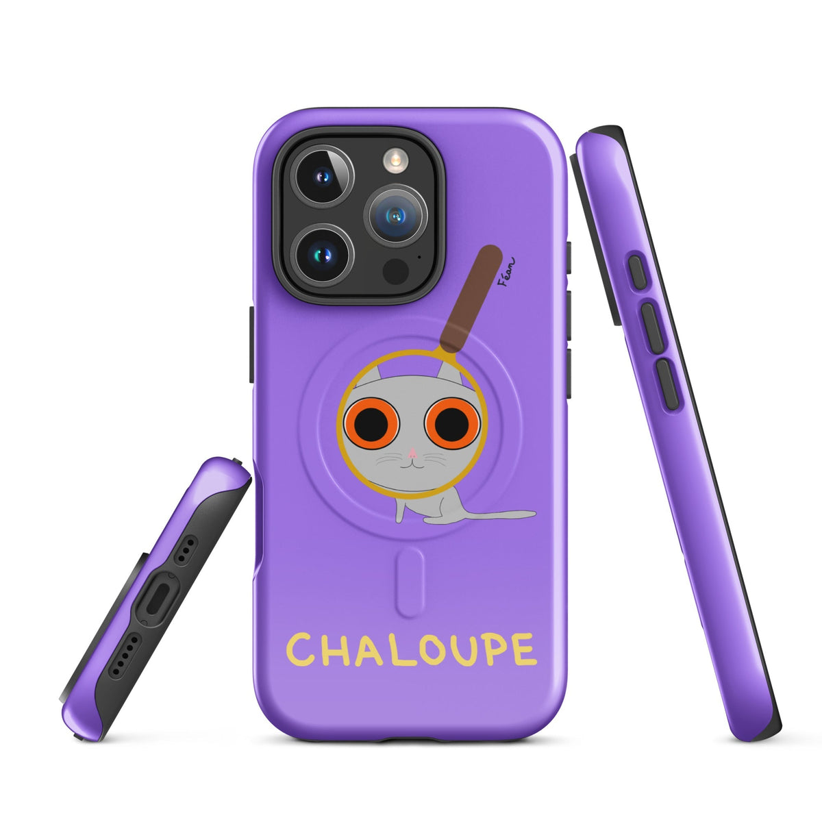 Tu mènes des enquêtes passionnantes sur ton iPhone ? Tu sais avec qui KK a passé ses dernières vacances et comment ouvrir une bouteille de vin sans tire-bouchon ?

Alors cette coque d'iPhone Chaloupe est faite pour toi, détective en herbe (à chat). Quelle que soit ta couleur pref, on a celle qu'il te faut.

En plus, le système d'aimants MagSafe® intégrés permettent une fixation sûre et une charge sans fil plus rapide. La coque est robuste et à double couche.