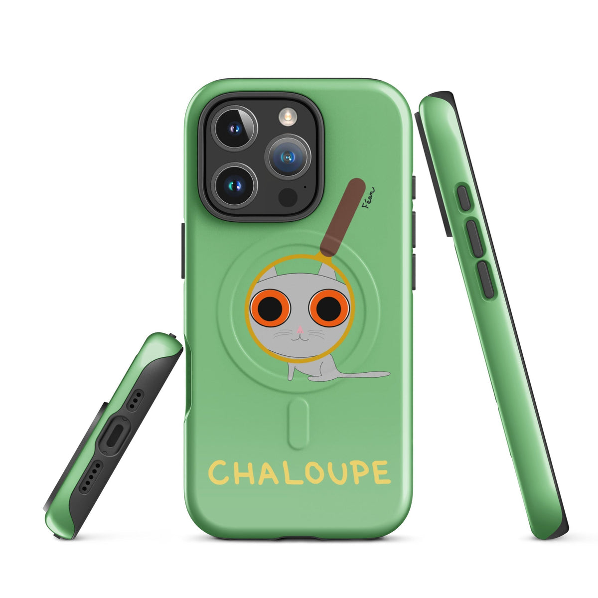 Tu mènes des enquêtes passionnantes sur ton iPhone ? Tu sais avec qui KK a passé ses dernières vacances et comment ouvrir une bouteille de vin sans tire-bouchon ?

Alors cette coque d'iPhone Chaloupe est faite pour toi, détective en herbe (à chat). Quelle que soit ta couleur pref, on a celle qu'il te faut.

En plus, le système d'aimants MagSafe® intégrés permettent une fixation sûre et une charge sans fil plus rapide. La coque est robuste et à double couche.
