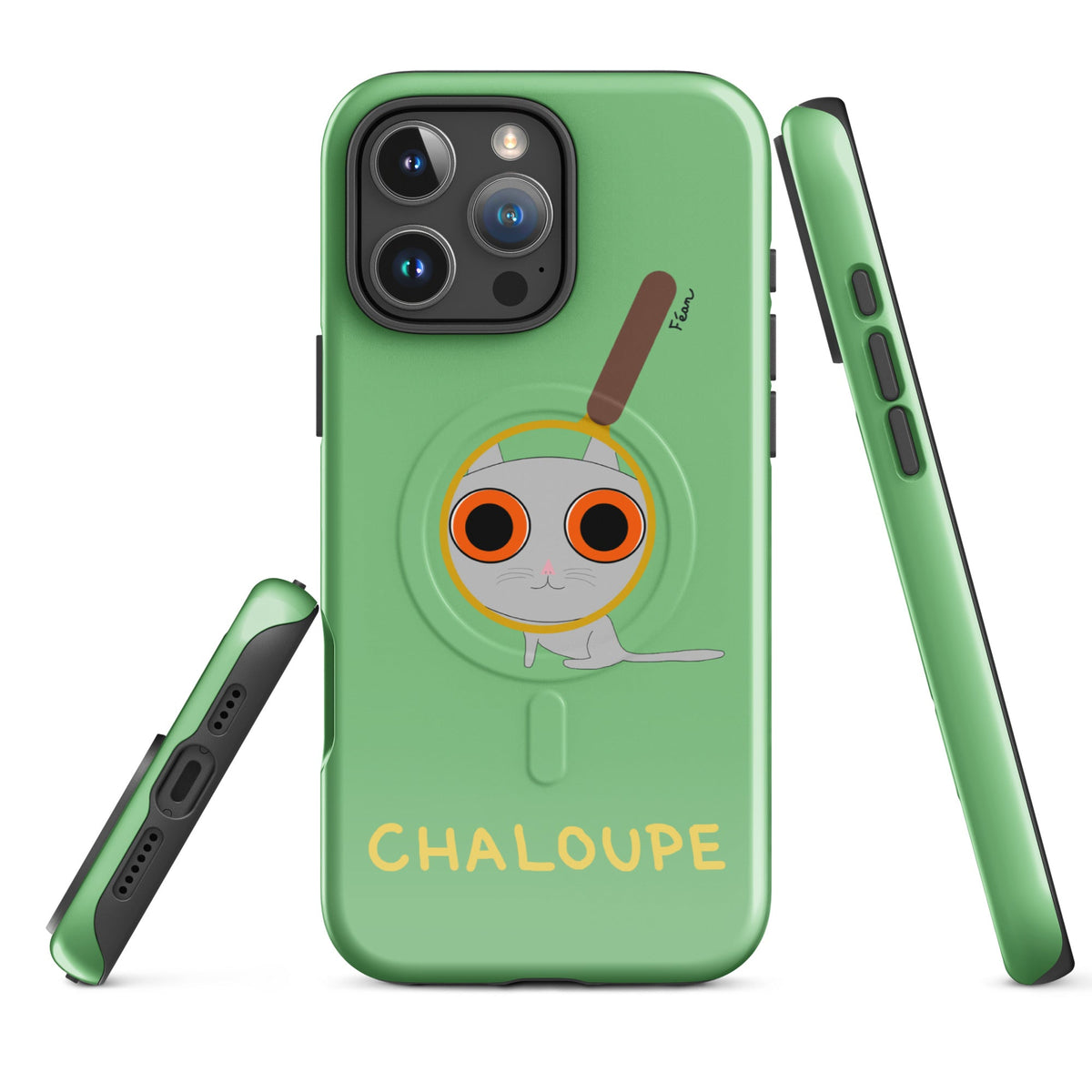 Tu mènes des enquêtes passionnantes sur ton iPhone ? Tu sais avec qui KK a passé ses dernières vacances et comment ouvrir une bouteille de vin sans tire-bouchon ?

Alors cette coque d'iPhone Chaloupe est faite pour toi, détective en herbe (à chat). Quelle que soit ta couleur pref, on a celle qu'il te faut.

En plus, le système d'aimants MagSafe® intégrés permettent une fixation sûre et une charge sans fil plus rapide. La coque est robuste et à double couche.