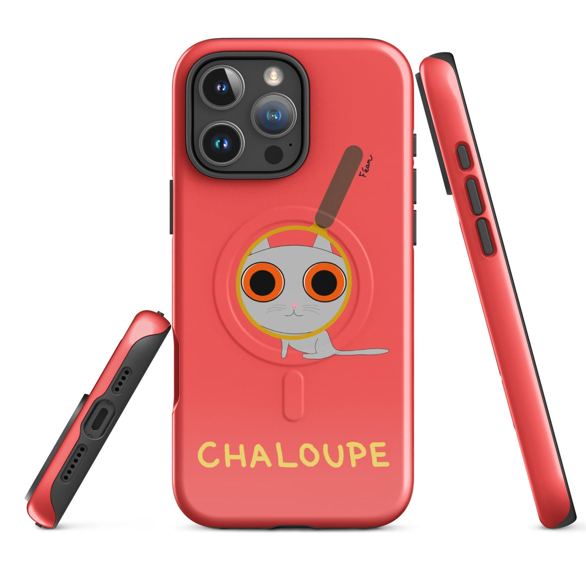 Tu mènes des enquêtes passionnantes sur ton iPhone ? Tu sais avec qui KK a passé ses dernières vacances et comment ouvrir une bouteille de vin sans tire-bouchon ?

Alors cette coque d'iPhone Chaloupe est faite pour toi, détective en herbe (à chat). Quelle que soit ta couleur pref, on a celle qu'il te faut.

En plus, le système d'aimants MagSafe® intégrés permettent une fixation sûre et une charge sans fil plus rapide. La coque est robuste et à double couche.