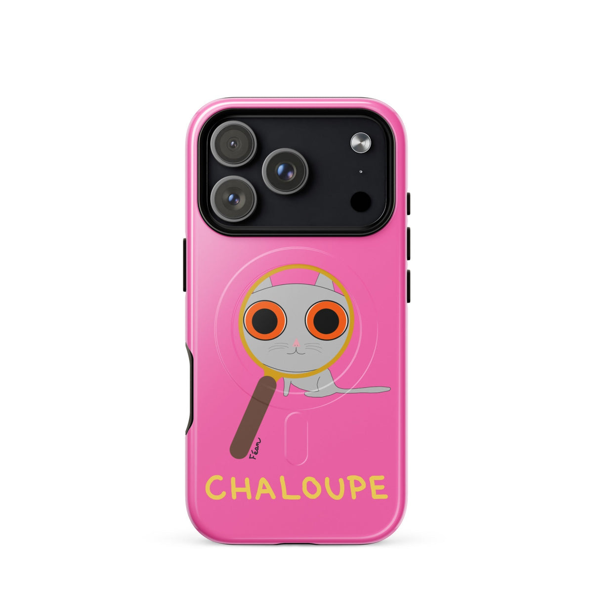 Tu mènes des enquêtes passionnantes sur ton iPhone ? Tu sais avec qui KK a passé ses dernières vacances et comment ouvrir une bouteille de vin sans tire-bouchon ?

Alors cette coque d'iPhone Chaloupe est faite pour toi, détective en herbe (à chat). Quelle que soit ta couleur pref, on a celle qu'il te faut.

En plus, le système d'aimants MagSafe® intégrés permettent une fixation sûre et une charge sans fil plus rapide. La coque est robuste et à double couche.