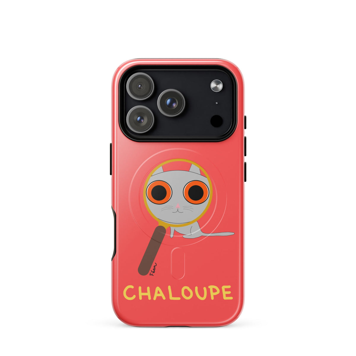 Tu mènes des enquêtes passionnantes sur ton iPhone ? Tu sais avec qui KK a passé ses dernières vacances et comment ouvrir une bouteille de vin sans tire-bouchon ?

Alors cette coque d'iPhone Chaloupe est faite pour toi, détective en herbe (à chat). Quelle que soit ta couleur pref, on a celle qu'il te faut.

En plus, le système d'aimants MagSafe® intégrés permettent une fixation sûre et une charge sans fil plus rapide. La coque est robuste et à double couche.