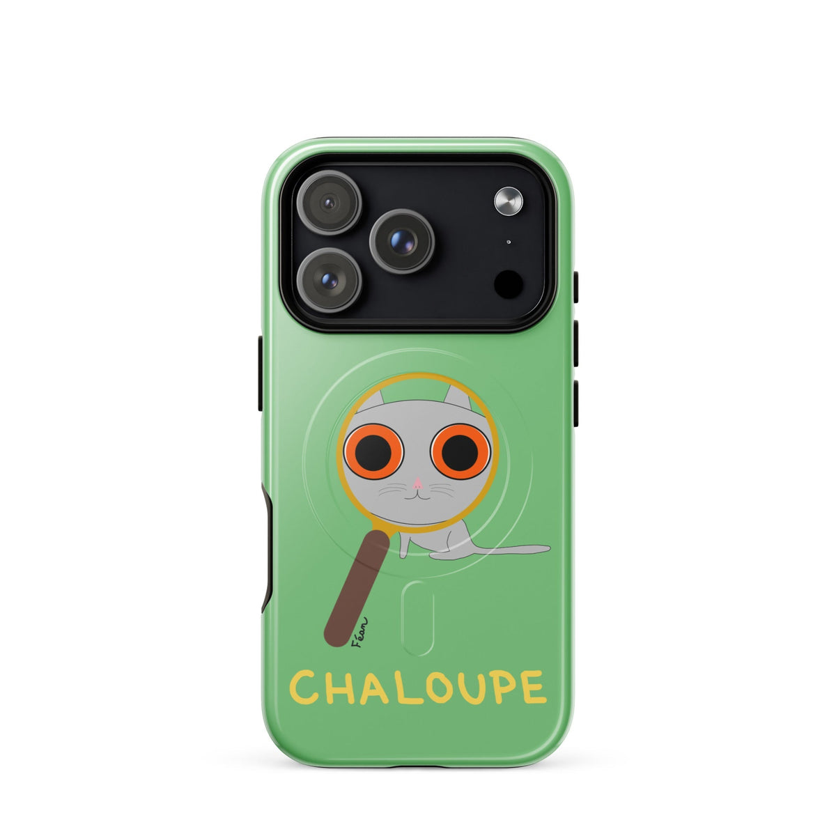 Tu mènes des enquêtes passionnantes sur ton iPhone ? Tu sais avec qui KK a passé ses dernières vacances et comment ouvrir une bouteille de vin sans tire-bouchon ?

Alors cette coque d'iPhone Chaloupe est faite pour toi, détective en herbe (à chat). Quelle que soit ta couleur pref, on a celle qu'il te faut.

En plus, le système d'aimants MagSafe® intégrés permettent une fixation sûre et une charge sans fil plus rapide. La coque est robuste et à double couche.