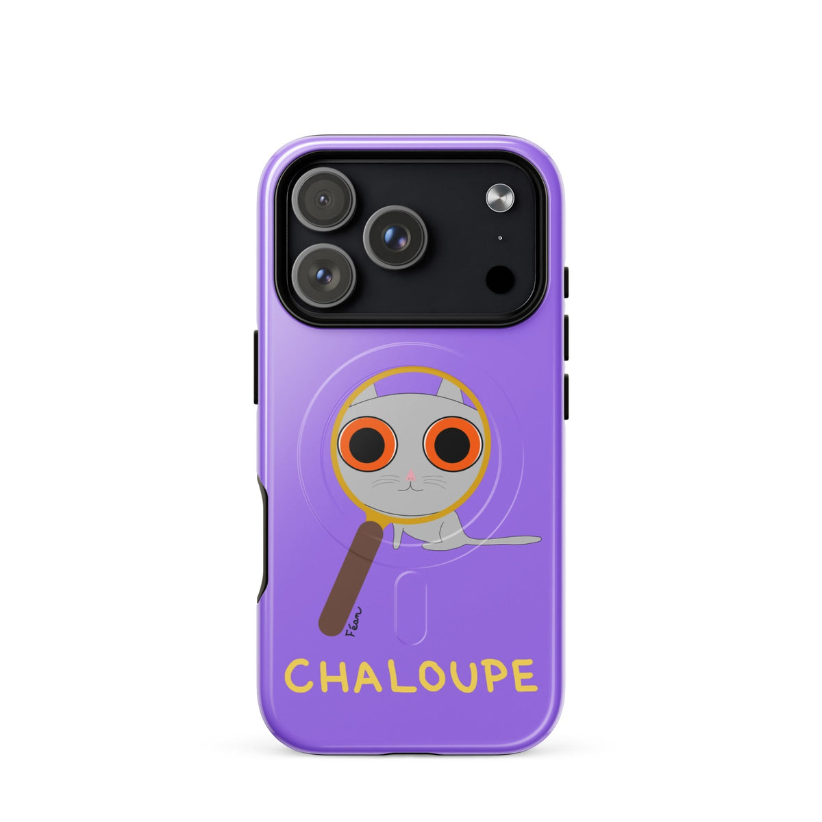 Tu mènes des enquêtes passionnantes sur ton iPhone ? Tu sais avec qui KK a passé ses dernières vacances et comment ouvrir une bouteille de vin sans tire-bouchon ?

Alors cette coque d'iPhone Chaloupe est faite pour toi, détective en herbe (à chat). Quelle que soit ta couleur pref, on a celle qu'il te faut.

En plus, le système d'aimants MagSafe® intégrés permettent une fixation sûre et une charge sans fil plus rapide. La coque est robuste et à double couche.