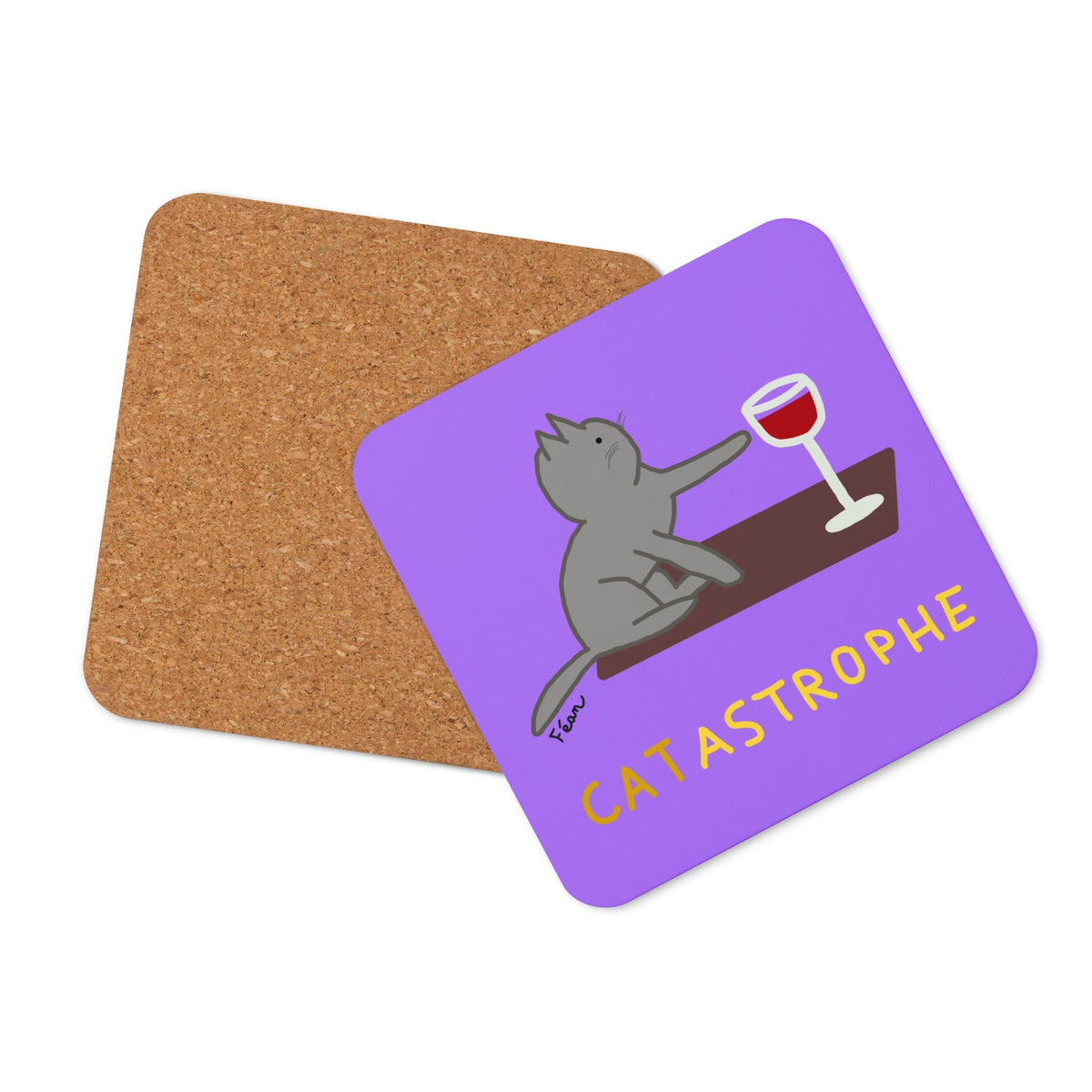 Ensemble de 2 dessous de verre Motdules carrés en MDF et liège avec illustrations humoristiques d'alcool et de chat