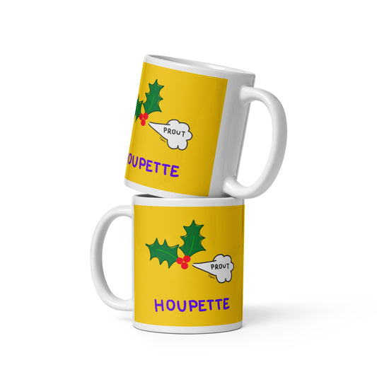 Mug blanc brillant Motdules affichant une branche de houx verte avec un nuage "Prout" sur fond jaune, titre Houpette en violet.