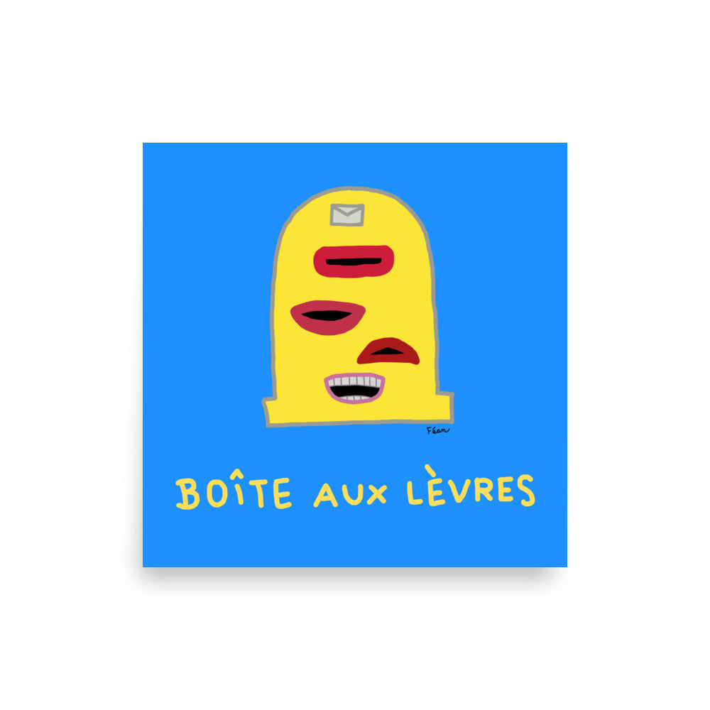 Affiche carrée bleue Motdules représentant une boîte aux lettres jaune avec plusieurs bouches rouges et roses, titre Boîte aux lèvres écrit en jaune.