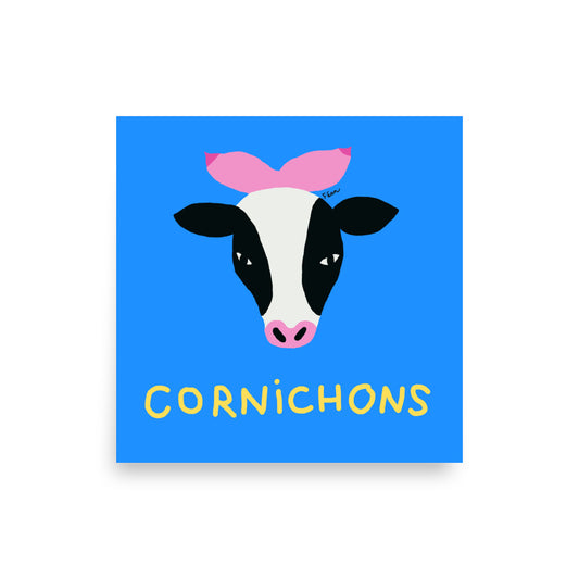 Affiche carrée bleue Motdules représentant une tête de vache noire et blanche avec des seins roses à la place des cornes, titre Cornichons écrit en jaune.
