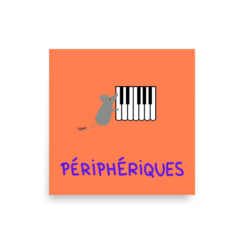 Affiche carrée orange Motdules représentant une petite souris grise devant un segment de clavier de piano, titre Périphériques écrit en violet.